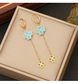 BOUCLE D OREILLE ACIER DORE CREOLE FLEUR BLEU