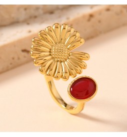 BAGUE ACIER DORE FLEUR ET PIERRE ROUGE TAILLE 56