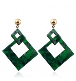 BOUCLE D OREILLE ACIER DORE  CARRE LEOPARD VERT