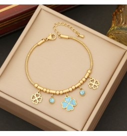 BRACELET ACIER DORE TREFLE  BLEU ET DORE 15CM/20CM