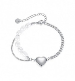 BRACELET ACIER COEUR PERLE BLANCHE 