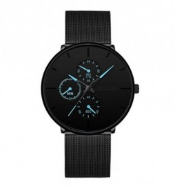 MONTRE JIANUO NOIR  CADRAN NOIR ET BLEU