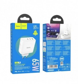 CHARGEUR SECTEUR HOCO 2 X TYPE C + USB A QC PD 65W GAN N30 BLANC