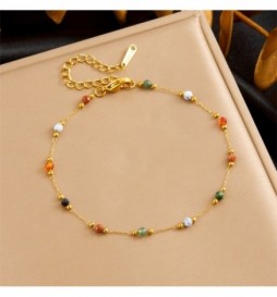 BRACELET ACIER DORE  BOULE COEUR MULTICOLOR 21CM