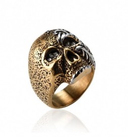 BAGUE ACIER DORE TETE DE MORT TAILLE 68