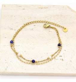 BRACELET ACIER DORE  BOULE BLEU ET BLANC 21CM