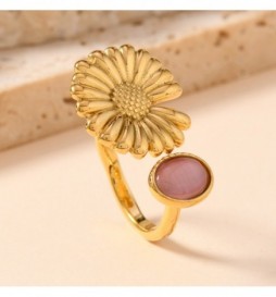 BAGUE ACIER DORE FLEUR ET PIERRE ROSE TAILLE 56