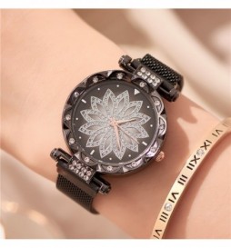 MONTRE NONAME NOIR CADRAN FLEUR NOIR ET OR ROSE
