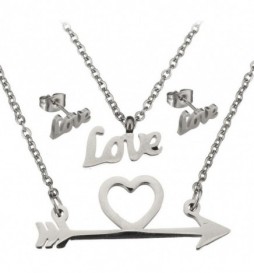 COFFRET COLLIER COEUR FLECHE ET BOUCLE D OREILLE LOVE ACIER