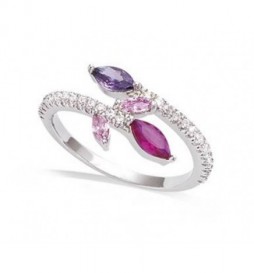 BAGUE EN ARGENT 925 RHODIETOI ET MOI OXYDE AMETHYSTE +OXYDE ROSE +ROSE TOURMALINE  T56