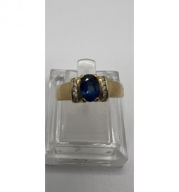 BAGUE OR 750/1000 PIERRE BLEU 6 DIAMANTS 0.02CTS TAILLE 58 4GRS 