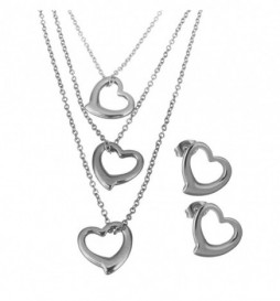 COLLIER TRIPLE COEUR ET BOUCLE D OREILLE ACIER
