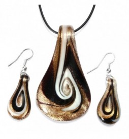 COLLIER ET BOUCLE D OREILLE MURANO MARRON AVEC CORDON 