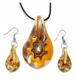 COLLIER ET BOUCLE D OREILLE MURANO JAUNE AVEC CORDON