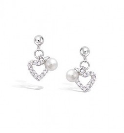 BOUCLE DOREILLES EN ARGENT 925 RHODIE COEUR AVEC PERLE SYNTHETIQUE