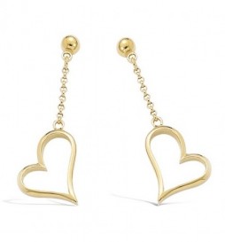 BOUCLE DOREILLES EN PLAQUE OR COEUR AJOURE AVEC CHAINETTE
