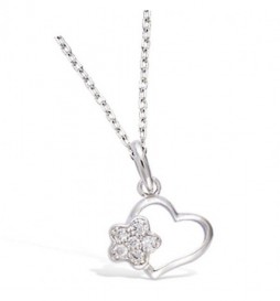 PENDENTIF EN ARGENT 925 RHODIE COEUR EVIDE AVEC FLEUR EN OXYDES