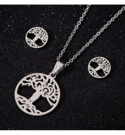 COFFRET COLLIER ARBRE DE VIE AVEC BOUCLE D OREILLE ACIER