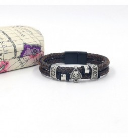 BRACELET CUIR ET ACIER MARRON COEUR TETE DE MORT