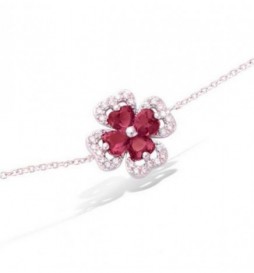 BRACELET EN ARGENT 925 RHODIE TREFLE VERRE RUBIS ENTOURAGE