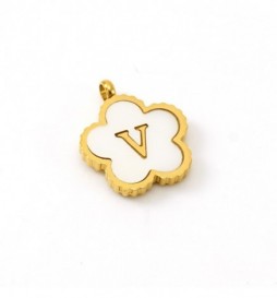 PENDENTIF ACIER FLEUR LETTRE V METAL DORE