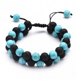 BRACELET WOVEN BALL DOUBLE PIERRES DE GEMME TURQUOISE ET NOIR 