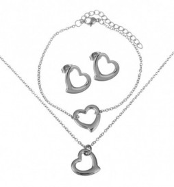COLLIER DOUBLE COEUR PENDANT AVEC BOUCLE D OREILLE ACIER