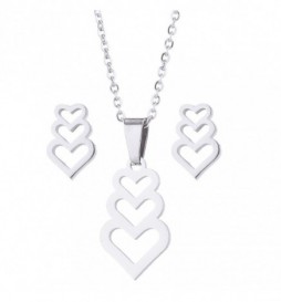COFFRET COLLIER TRIPLE COEUR AVEC BOUCLE D OREILLE ACIER
