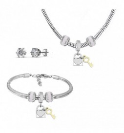 COLLIER CLE ET COEUR AVEC BRACELET ET CLOU OXYDE 