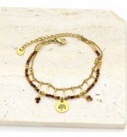 BRACELET ACIER DORE ARBRE DE VIE PERLE MARRON 15/20CM