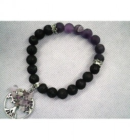 BRACELET EXTENSIBLE PIERRE DE LAVE AVEC ARBRE DE VIE NOIR ET VIOLET
