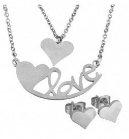 COLLIER COEUR LOVE AVEC BOUCLE D OREILLE ACIER
