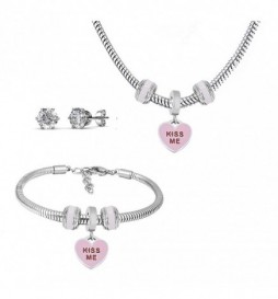 COLLIER COEUR ROSE KISS ME AVEC BRACELET ET CLOU OXYDE ACIER