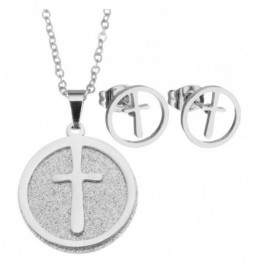 COFFRET COLLIER CROIX STRASS AVEC BOUCLE D OREILLE ACIER