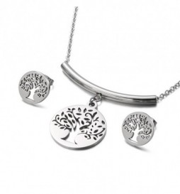 COFFRET COLLIER ARBRE DE VIE RIGIDE AVEC BOUCLE D OREILLE ACIER