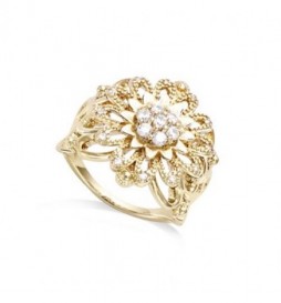  BAGUE EN PLAQUE OR LARGE MOTIF FLEUR OXYDES BLANCS TAILLE 56