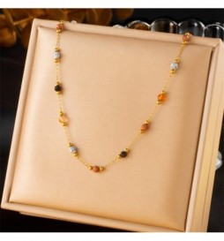 COLLIER ACIER DORE BOULLE DE COULEUR 40/45CM