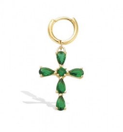 BOUCLE POUR UNE OREILLE  EN PLAQUE OR CROIX VERTE