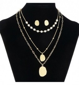 COFFRET COLLIER ACIER DORE  TRIPLE  BO AVEC PERLE 