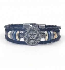 BRACELET CUIR ET ACIER NOIR TETE DE LION 