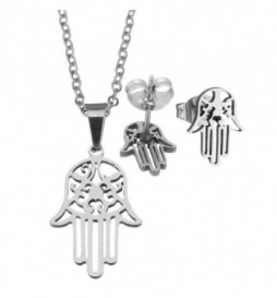 COFFRET COLLIER MAIN DE FATMA AVEC BOUCLE D OREILLE ACIER 