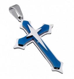 PENDENTIF CROIX ACIER ET BLEU 4.5X3.5CM
