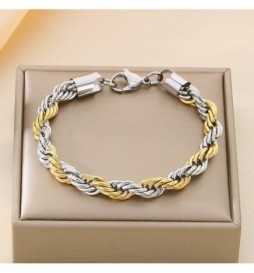 BRACELET ACIER MAILLE TORSADE GRIS ET DORÉ 20CM