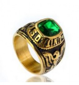 BAGUE ACIER DORE AIGLE PIERRE VERT TAILLE 62