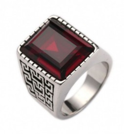 BAGUE ACIER ZIGZAG PIERRE ROUGE TAILLE 64