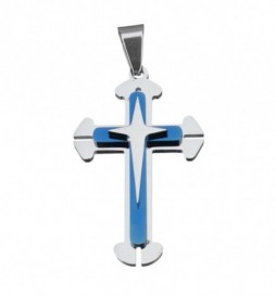 PENDENTIF CROIX ACIER ET BLEU 4X3CM