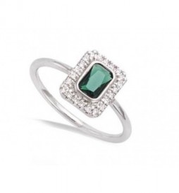 T52 BAGUE EN ARGENT 925 RHODIE FORME RECTANGLE VERT EMERAUDE ET OXYDES BLANCS t56