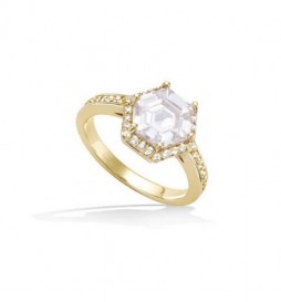 BAGUE EN PLAQUE OR SOLITAIRE HEXAGONALE AVEC OXYDES TAILLE 56