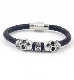 BRACELET TETE DE MORT CUIR ET ACIER