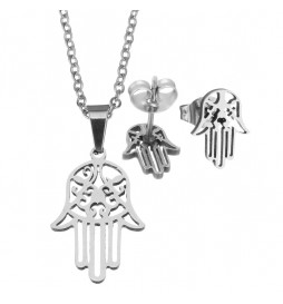 COFFRET COLLIER MAIN DE FATMA AVEC BOUCLE D OREILLE ACIER 